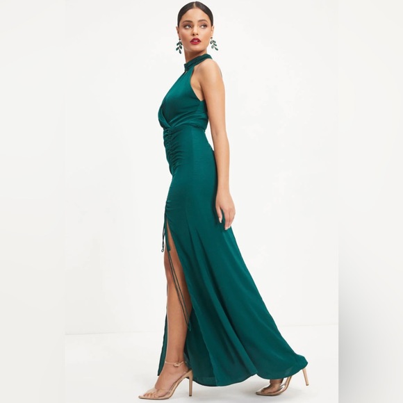NWT Vici Taking Risks Emerald Satin Cutout Slit Maxi Dress Sz S Sexy Formal - Picture 3 of 5